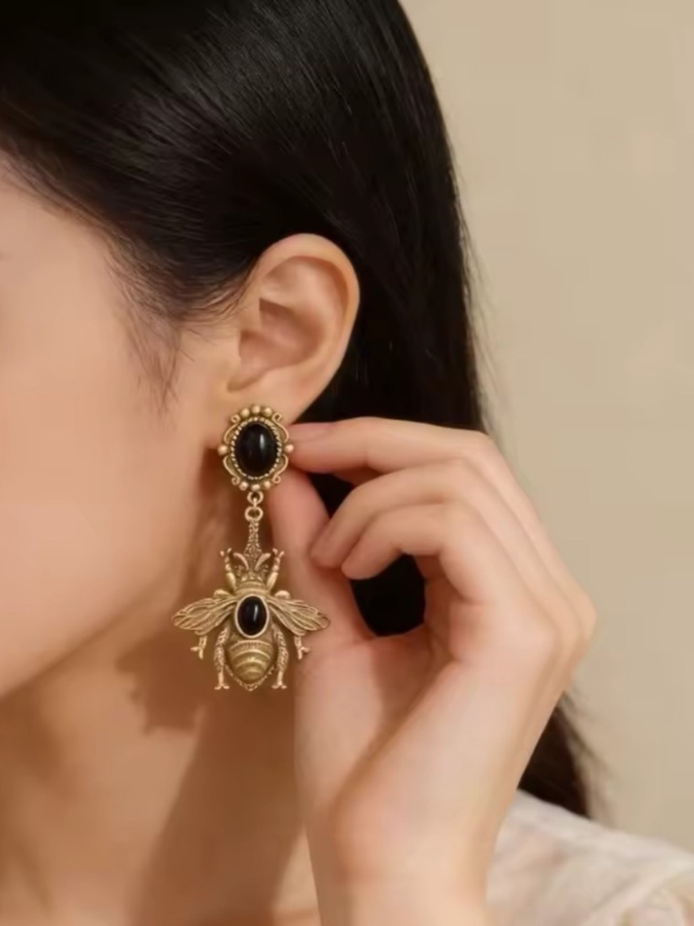 Vintage Gold Bee Drop Earrings with Black Stones